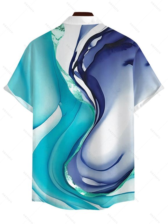 Vacation Couple Outfit Ink Wash Fluid Marble Gradient Ripple Print Ruched One Shoulder Mermaid Bodycon Slit Dress and Shirt Set - Bleu clair S | US 4