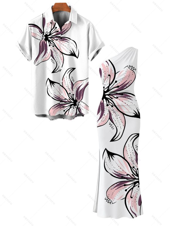 Vacation Couple Outfit Hand-drawn Lily Floral Print Ruched One Shoulder Slit Mermaid Bodycon Dress and Shirt Set - Blanc S | US 4