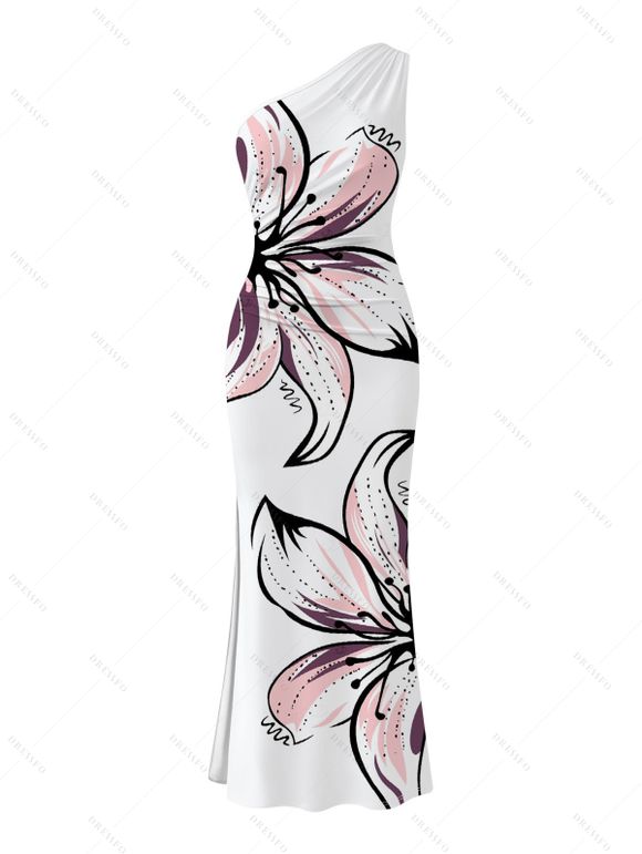 Vacation Couple Outfit Hand-drawn Lily Floral Print Ruched One Shoulder Slit Mermaid Bodycon Dress and Shirt Set - Blanc S | US 4