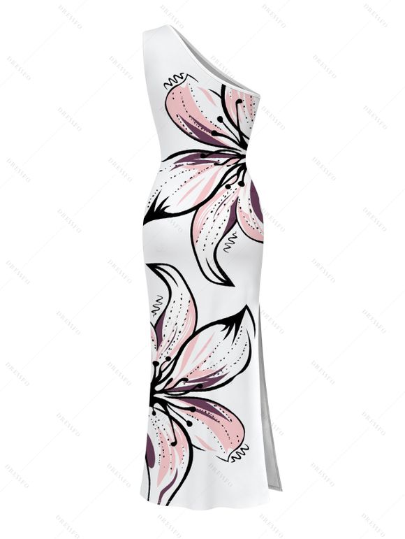 Vacation Couple Outfit Hand-drawn Lily Floral Print Ruched One Shoulder Slit Mermaid Bodycon Dress and Shirt Set - Blanc S | US 4