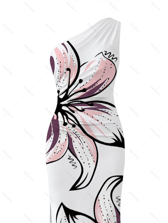 Vacation Couple Outfit Hand-drawn Lily Floral Print Ruched One Shoulder Slit Mermaid Bodycon Dress and Shirt Set - Blanc S | US 4