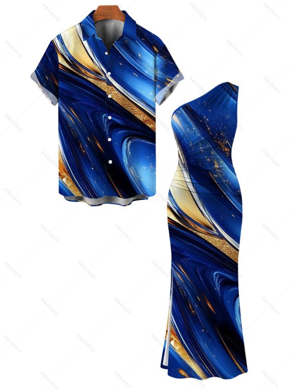 Vacation Couple Outfit Gold Foil Fluid Marble Ripple Print Ruched One Shoulder Mermaid Bodycon Slit Dress and Shirt Set - Bleu profond S | US 4