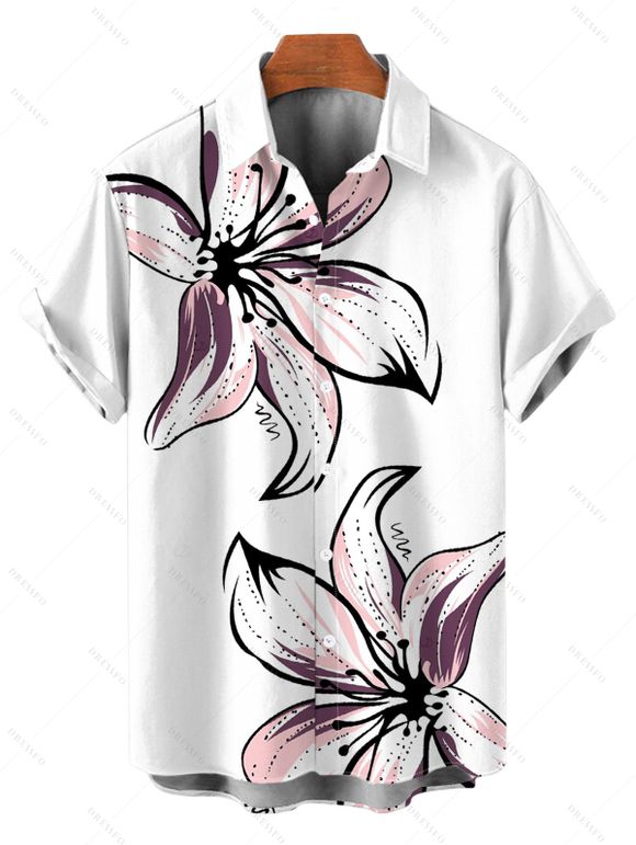 Vacation Couple Outfit Hand-drawn Lily Floral Print Ruched One Shoulder Slit Mermaid Bodycon Dress and Shirt Set - Blanc S | US 4