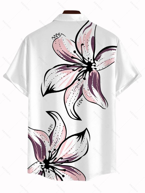 Vacation Couple Outfit Hand-drawn Lily Floral Print Ruched One Shoulder Slit Mermaid Bodycon Dress and Shirt Set - Blanc S | US 4