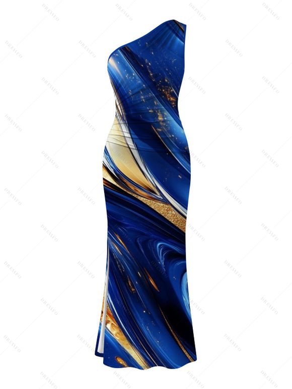 Vacation Couple Outfit Gold Foil Fluid Marble Ripple Print Ruched One Shoulder Mermaid Bodycon Slit Dress and Shirt Set - Bleu profond S | US 4