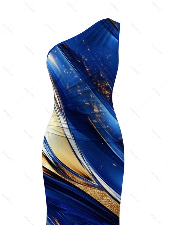 Vacation Couple Outfit Gold Foil Fluid Marble Ripple Print Ruched One Shoulder Mermaid Bodycon Slit Dress and Shirt Set - Bleu profond S | US 4