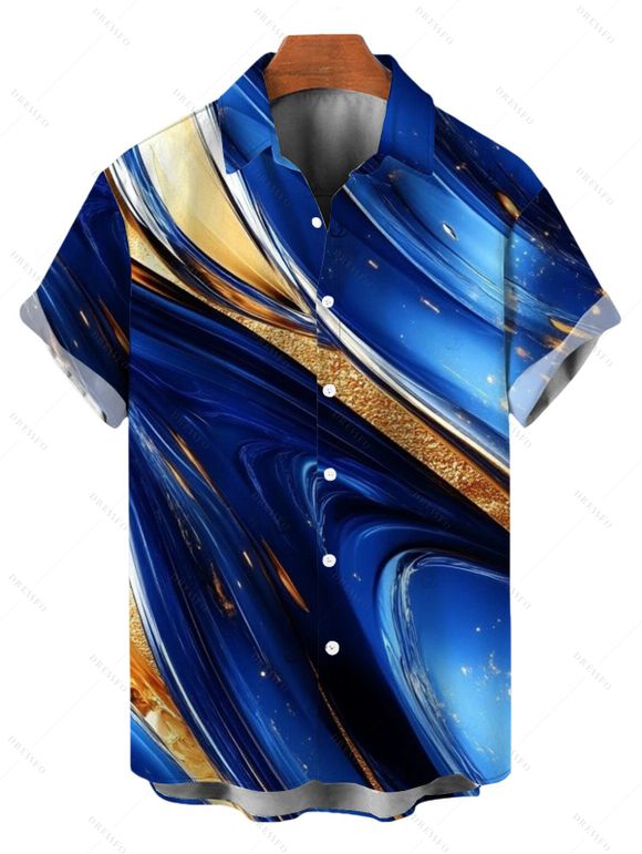 Vacation Couple Outfit Gold Foil Fluid Marble Ripple Print Ruched One Shoulder Mermaid Bodycon Slit Dress and Shirt Set - Bleu profond S | US 4