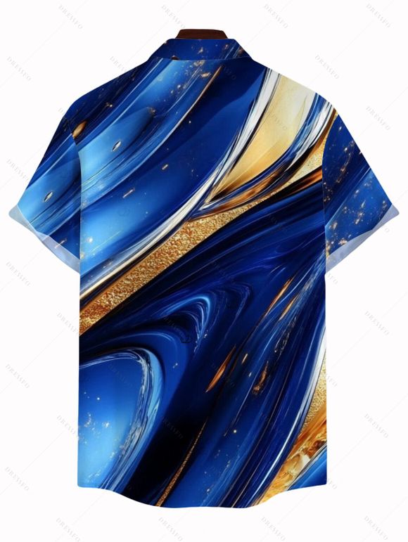 Vacation Couple Outfit Gold Foil Fluid Marble Ripple Print Ruched One Shoulder Mermaid Bodycon Slit Dress and Shirt Set - Bleu profond S | US 4