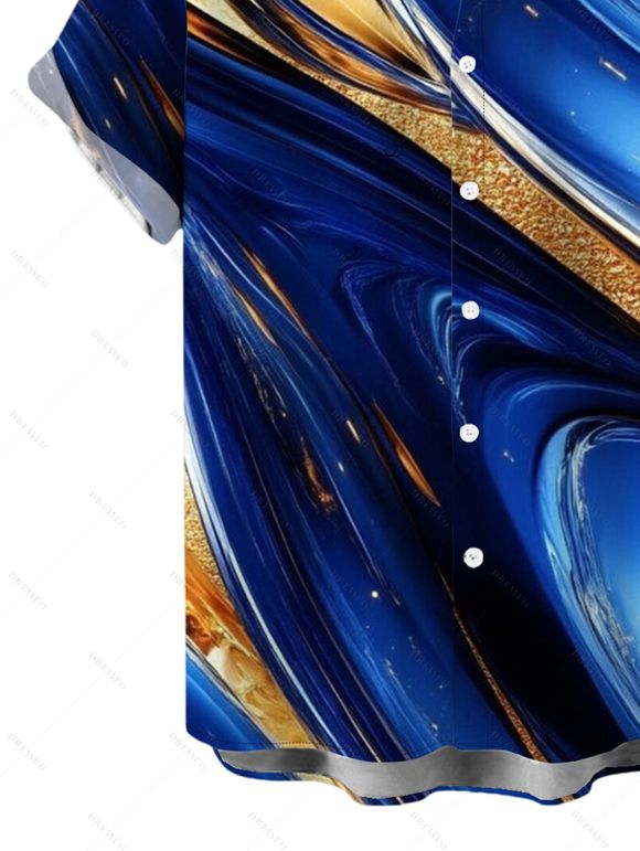 Vacation Couple Outfit Gold Foil Fluid Marble Ripple Print Ruched One Shoulder Mermaid Bodycon Slit Dress and Shirt Set - Bleu profond S | US 4