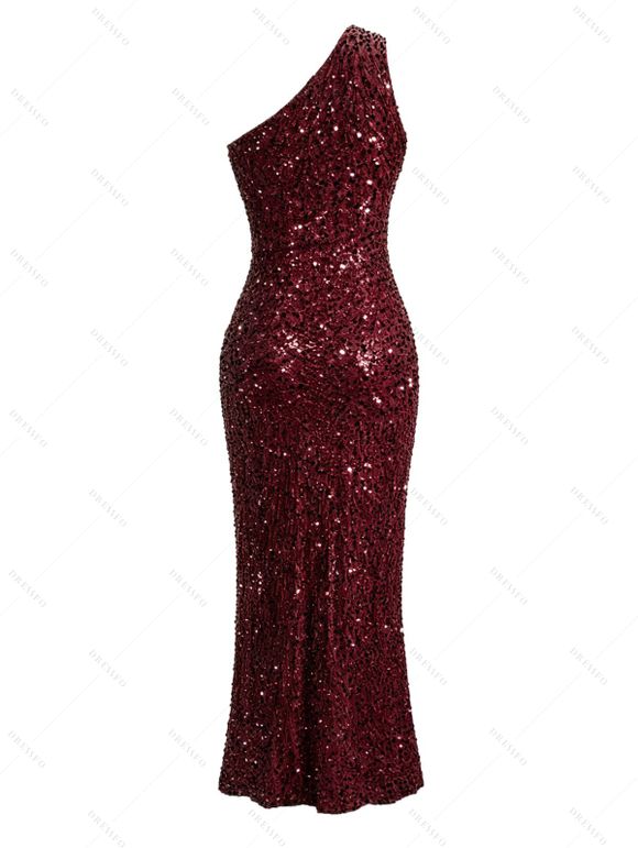 Party Dress Solid Color Sequined Ruched One Shoulder Slit Maxi Prom Dress - Rouge foncé XXL | US 12