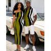 Vintage Couple Outfit Colorblock Art Fluid Curve Stripe Print Ruched One Shoulder Bodycon Maxi Dress and Shirt Set - Vert Armée S | US 4