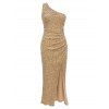 Party Dress Solid Color Sequined Ruched One Shoulder Slit Maxi Prom Dress - d'or S | US 4