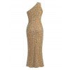 Party Dress Solid Color Sequined Ruched One Shoulder Slit Maxi Prom Dress - d'or L | US 8