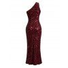 Party Dress Solid Color Sequined Ruched One Shoulder Slit Maxi Prom Dress - Rouge foncé XL | US 10
