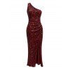 Party Dress Solid Color Sequined Ruched One Shoulder Slit Maxi Prom Dress - Rouge foncé XL | US 10
