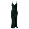 Party Spaghetti Strap Dress Sequined Solid Color High Slit Maxi Prom Dress - Vert Foncé XL | US 10