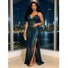 Party Dress Ombre Sequined Ruched See Thru Open Back Plunging Neck Maxi Dress - Vert Foncé XXL | US 12