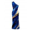 Vacation Dress Gold Foil Fluid Marble Ripple Print Ruched One Shoulder Mermaid Bodycon Slit Party Dress - Bleu profond XXL | US 14