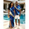 Vacation Couple Outfit Gold Foil Fluid Marble Ripple Print Ruched One Shoulder Mermaid Bodycon Slit Dress and Shirt Set - Bleu profond S | US 4