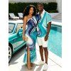 Vacation Couple Outfit Ink Wash Fluid Marble Gradient Ripple Print Ruched One Shoulder Mermaid Bodycon Slit Dress and Shirt Set - Bleu clair S | US 4