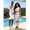 Vacation Couple Outfit Hand-drawn Lily Floral Print Ruched One Shoulder Slit Mermaid Bodycon Dress and Shirt Set - Blanc S | US 4