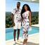 Vacation Couple Outfit Hand-drawn Lily Floral Print Ruched One Shoulder Slit Mermaid Bodycon Dress and Shirt Set - Blanc S | US 4