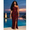 Party Dress Solid Color Sequined Ruched One Shoulder Slit Maxi Prom Dress - Rouge foncé XXL | US 12