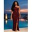Party Dress Solid Color Sequined Ruched One Shoulder Slit Maxi Prom Dress - Rouge foncé XXL | US 12