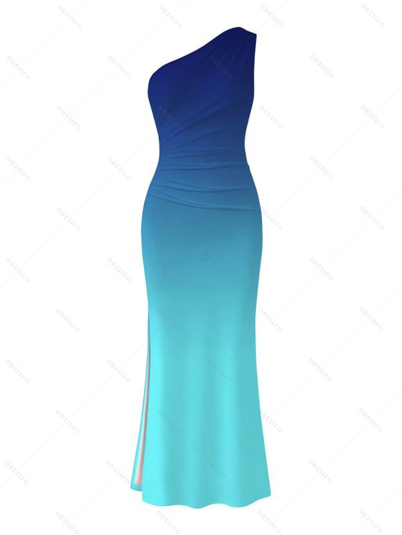 Party Couple Outfit Ombre Ruched One Shoulder Slit Mermaid Bodycon Dress and Shirt Set - Bleu profond S | US 4