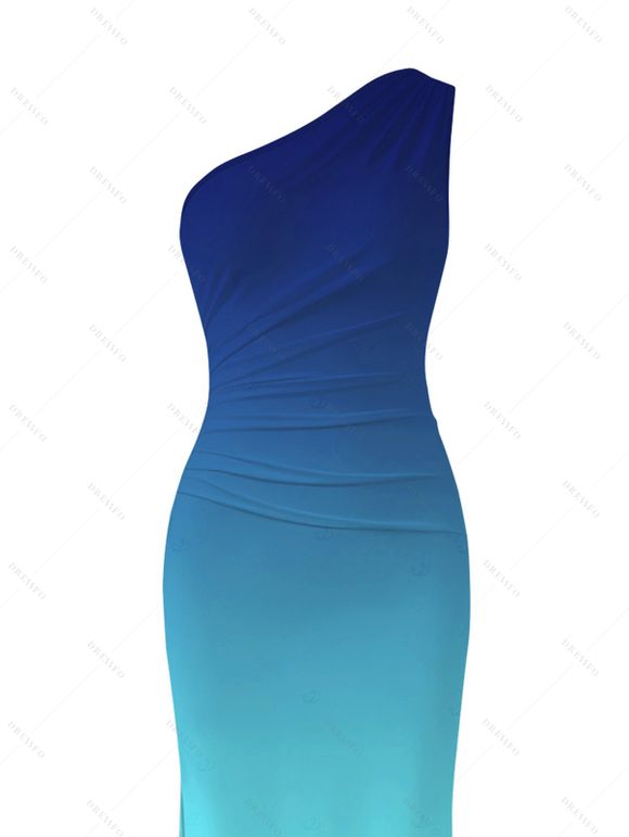 Party Couple Outfit Ombre Ruched One Shoulder Slit Mermaid Bodycon Dress and Shirt Set - Bleu profond S | US 4