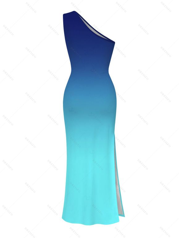 Party Couple Outfit Ombre Ruched One Shoulder Slit Mermaid Bodycon Dress and Shirt Set - Bleu profond S | US 4