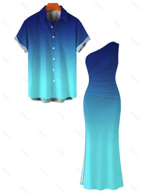 Party Couple Outfit Ombre Ruched One Shoulder Slit Mermaid Bodycon Dress and Shirt Set - Bleu profond S | US 4