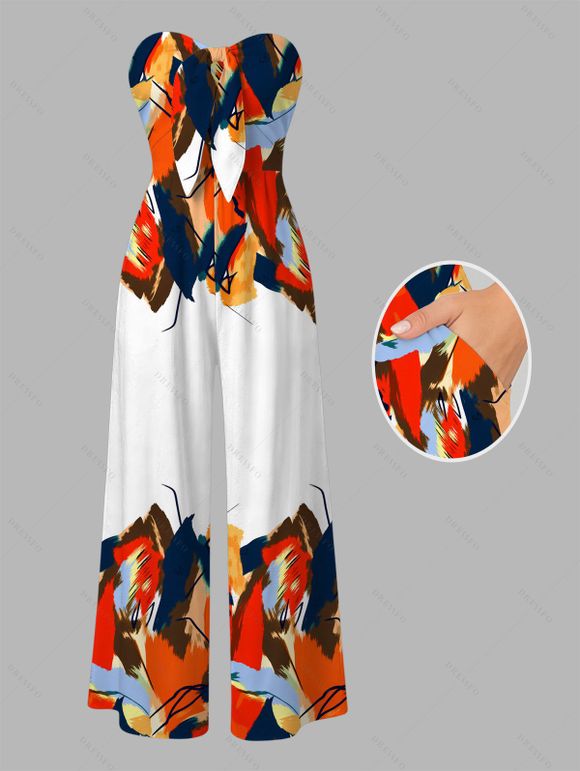 Vacation Jumpsuit Abstract Colorblock Oil Painting Leaf Print Bowknot Pocket Off the Shoulder Jumpsuit - multicolor XXL | US 14