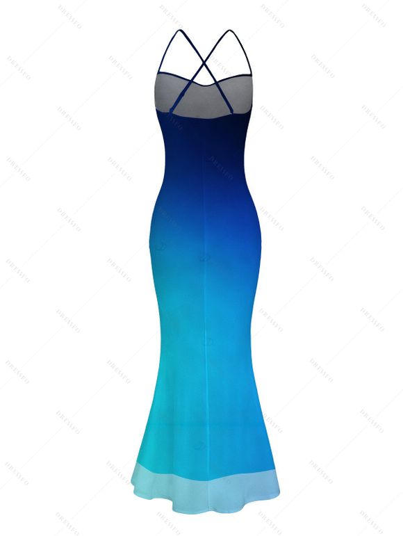 Vacation Dress Ombre Print Draped Mesh Open Back Bodycon Mermaid Dress - Bleu XXL | US 14