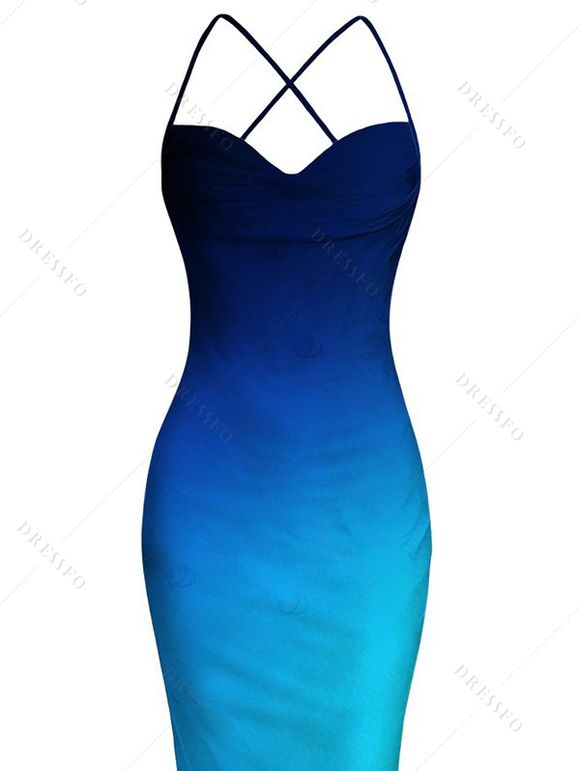 Vacation Dress Ombre Print Draped Mesh Open Back Bodycon Mermaid Dress - Bleu XXL | US 14