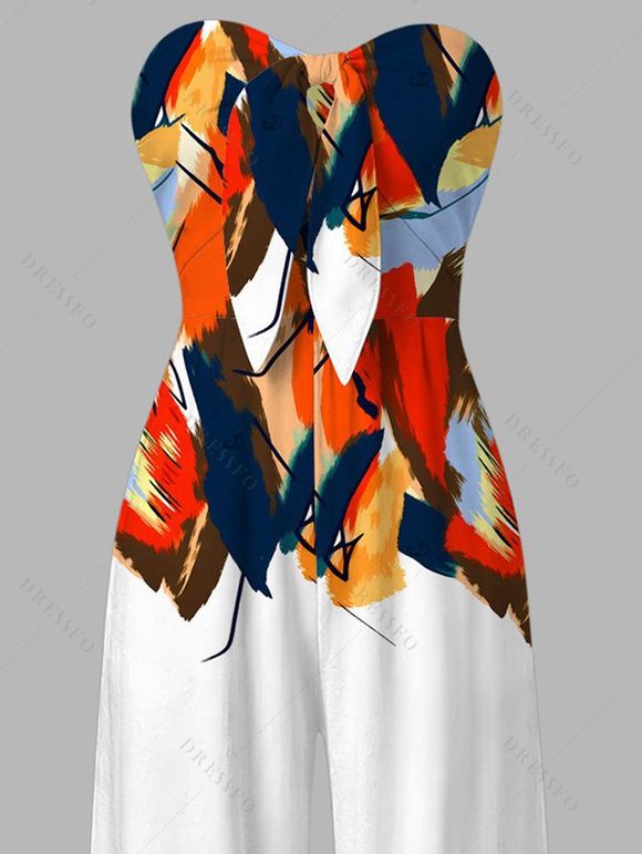 Vacation Jumpsuit Abstract Colorblock Oil Painting Leaf Print Bowknot Pocket Off the Shoulder Jumpsuit - multicolor XXL | US 14