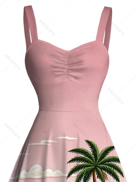 Vacation Dress Coconut Tree Beach Landscape Print Ruched Bust Mini Dress - Rose XXXXXL | US 20