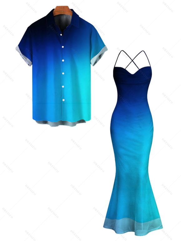 Vacation Couple Outfit Ombre Print Draped Mesh Open Back Bodycon Mermaid Dress and Shirt Set - Bleu S | US 4