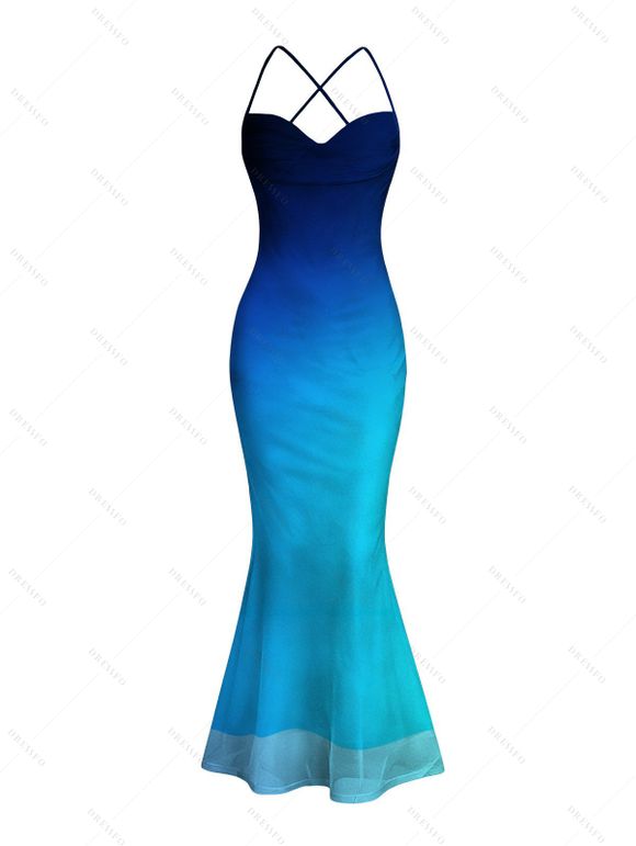 Vacation Couple Outfit Ombre Print Draped Mesh Open Back Bodycon Mermaid Dress and Shirt Set - Bleu S | US 4