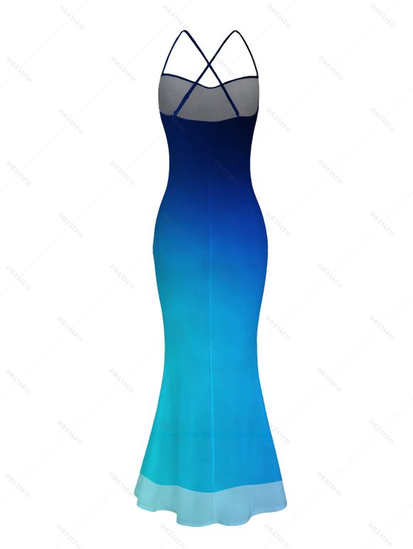 Vacation Couple Outfit Ombre Print Draped Mesh Open Back Bodycon Mermaid Dress and Shirt Set - Bleu S | US 4