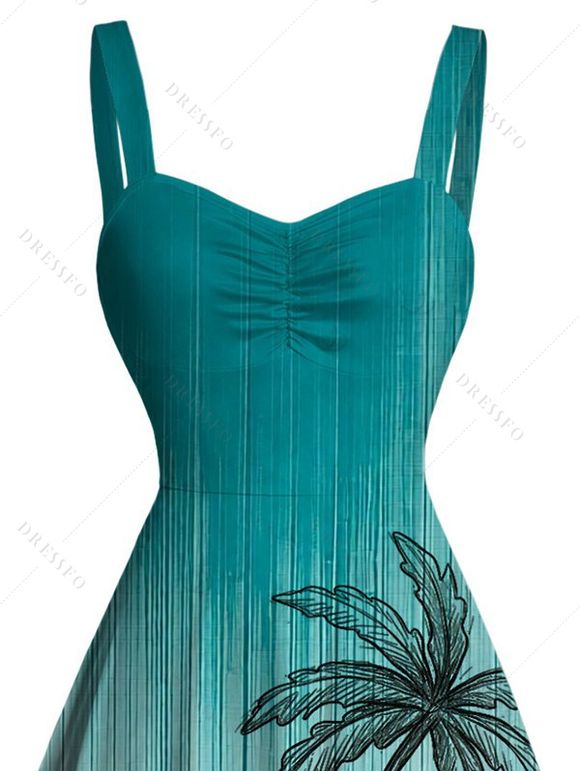 Beach Vacation Dress Ombre Hand-drwan Tropical Coconut Tree Print Ruched Bust Mini Dress - Turquoise Foncée XXXXXL | US 20