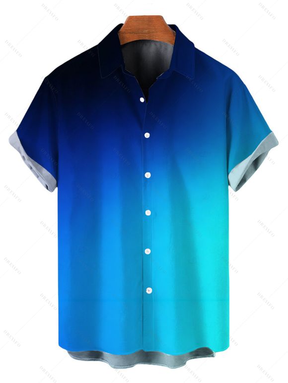 Vacation Couple Outfit Ombre Print Draped Mesh Open Back Bodycon Mermaid Dress and Shirt Set - Bleu S | US 4