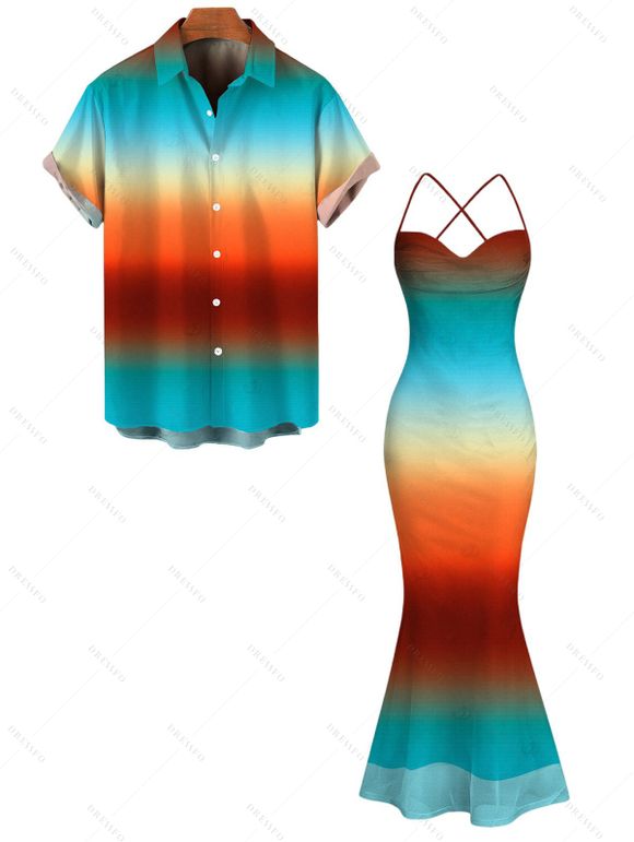 Vacation Couple Outfit Ombre Rainbow Color Draped Mesh Bodycon Mermaid Dress and Shirt Set - multicolor S | US 4