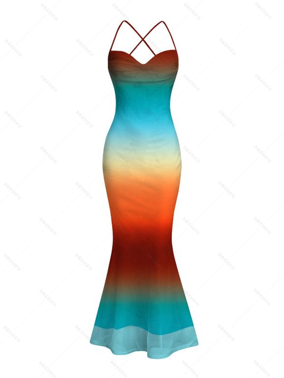 Vacation Couple Outfit Ombre Rainbow Color Draped Mesh Bodycon Mermaid Dress and Shirt Set - multicolor S | US 4
