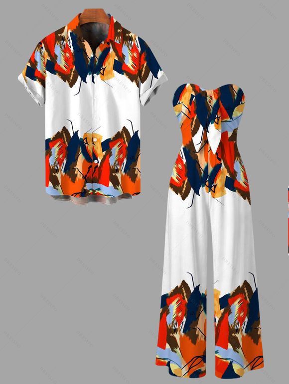 Vacation Couple Outfit Abstract Colorblock Oil Painting Leaf Print Bowknot Pocket Off the Shoulder Jumpsuit and Shirt Set - multicolor S | US 4