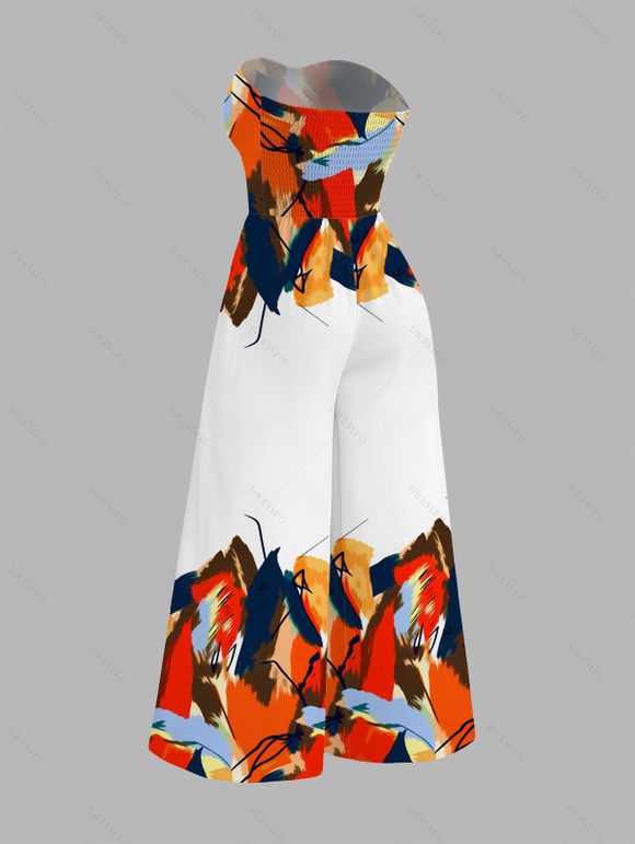Vacation Couple Outfit Abstract Colorblock Oil Painting Leaf Print Bowknot Pocket Off the Shoulder Jumpsuit and Shirt Set - multicolor S | US 4