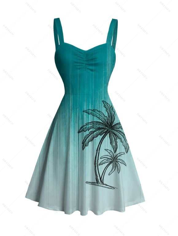 Beach Vacation Couple Outfit Ombre Hand-drwan Tropical Coconut Tree Print Ruched Bust Mini Dress and Shirt Set - Turquoise Foncée S | US 4