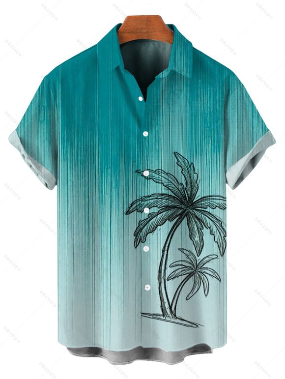 Beach Vacation Couple Outfit Ombre Hand-drwan Tropical Coconut Tree Print Ruched Bust Mini Dress and Shirt Set - Turquoise Foncée S | US 4