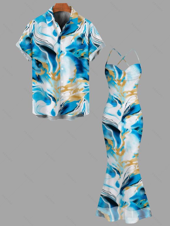 Vacation Couple Outfit Gilded Tie Dye Marble Print Draped Mesh Open Back Bodycon Mermaid Dress and Shirt Set - Bleu S | US 4