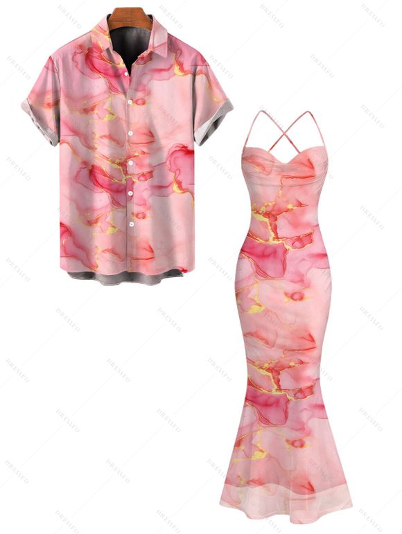 Vacation Couple Outfit Gilded Tie Dye Marble Print Draped Mesh Open Back Bodycon Mermaid Dress and Shirt Set - Rose S | US 4